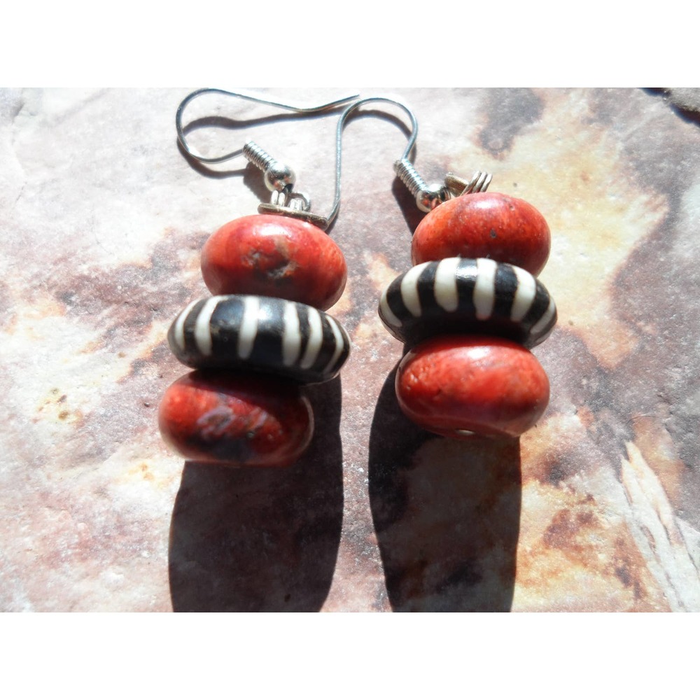 Sponge coral and batiked bone beaded earrings